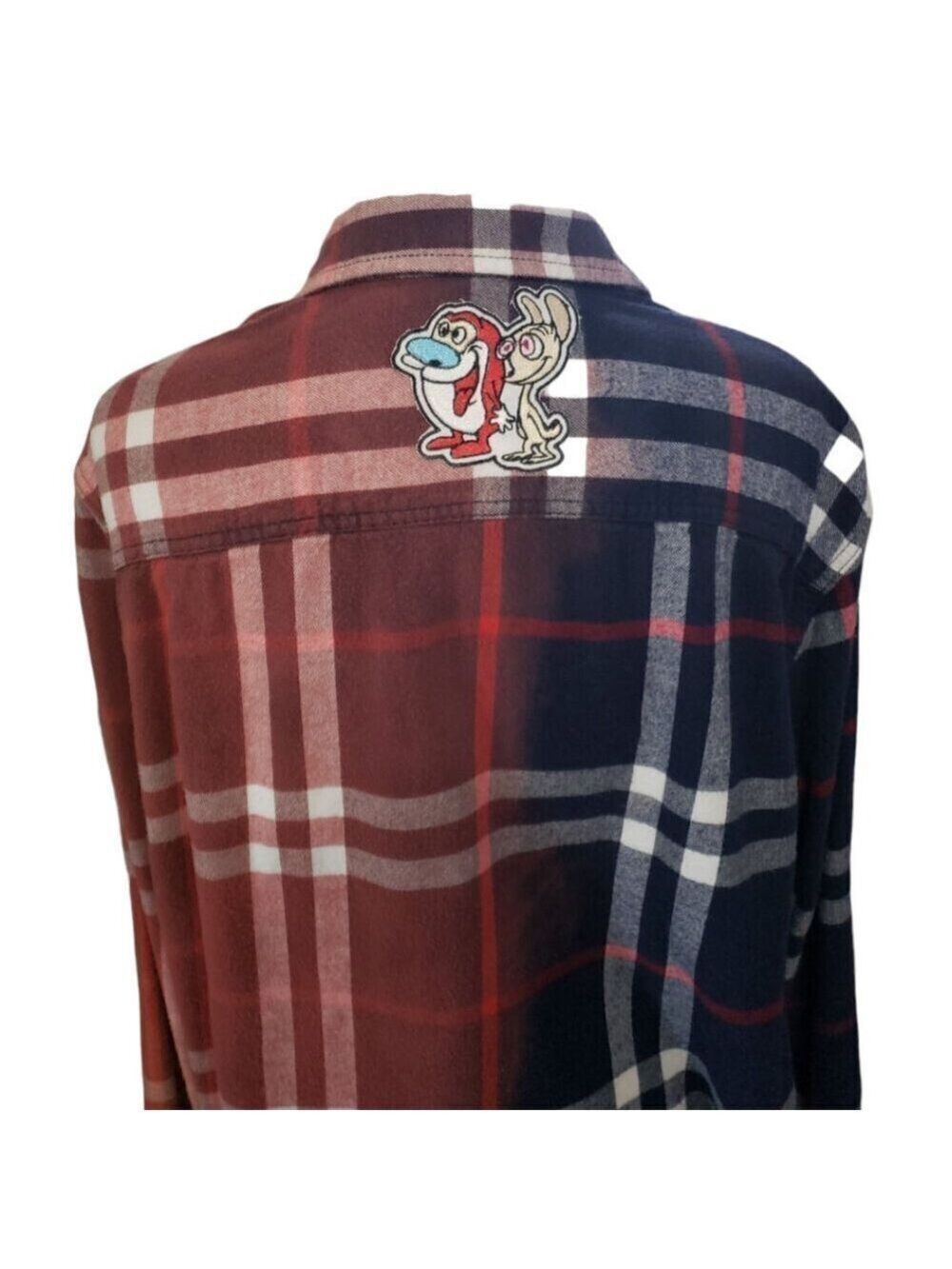 Upcycled Distressed Flannel with "Ren & Stimpy" Embroidered Patch 2XL